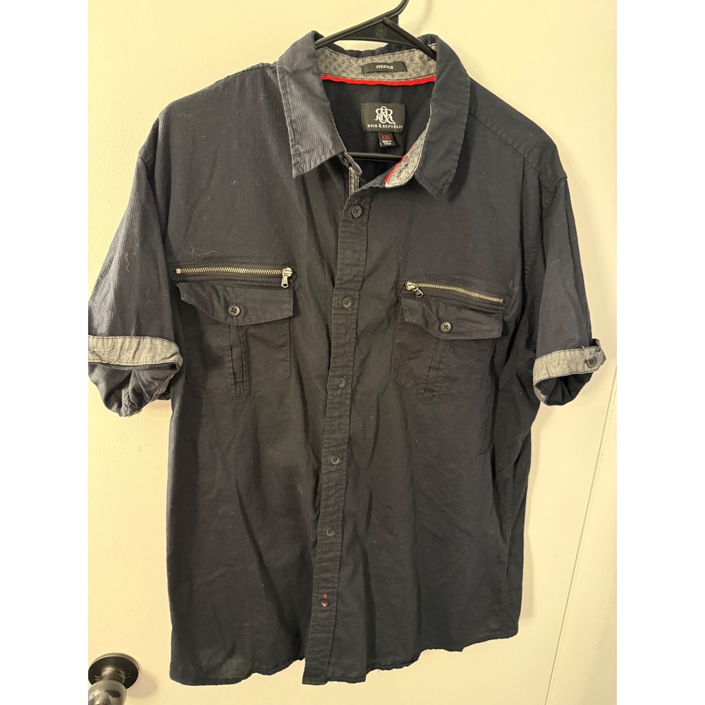 Rock & Republic Mens XXL Black Stretch Short Sleeve Button Down Utility Shirt